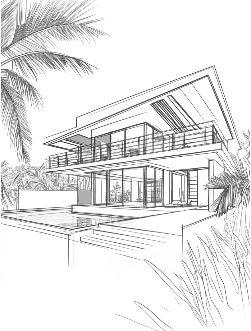 Boceto arquitectónico de una estructura moderna